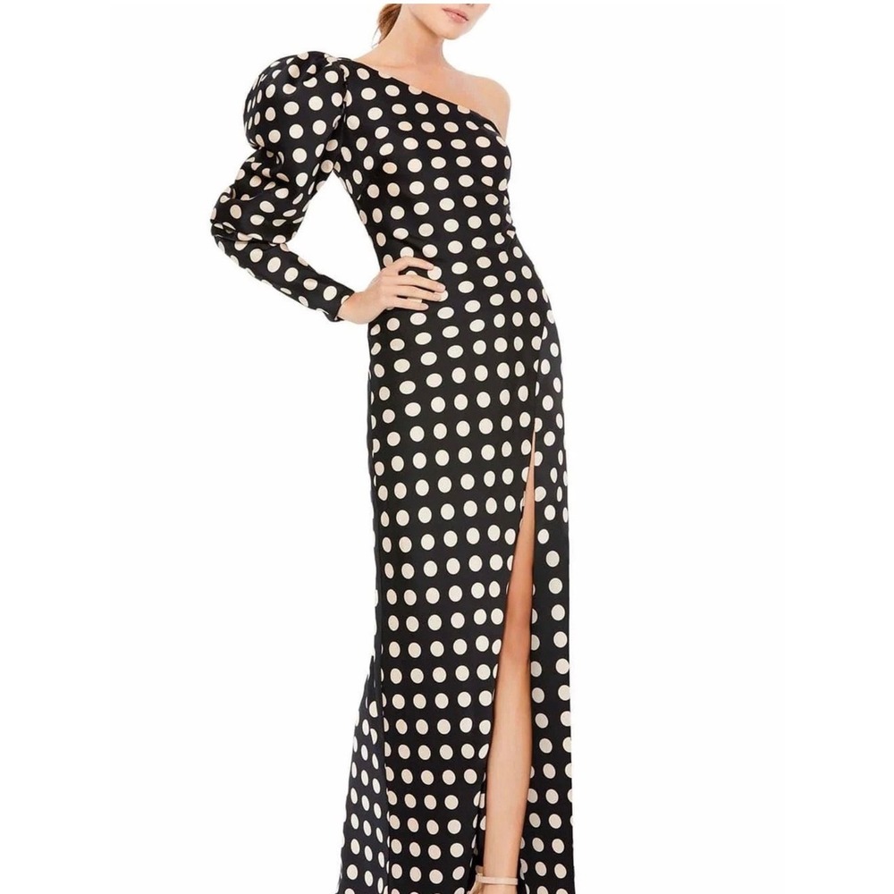 Mac Duggal 26515 Ieena One Shoulder Polka Dot Gown Black White Size 4 NWT